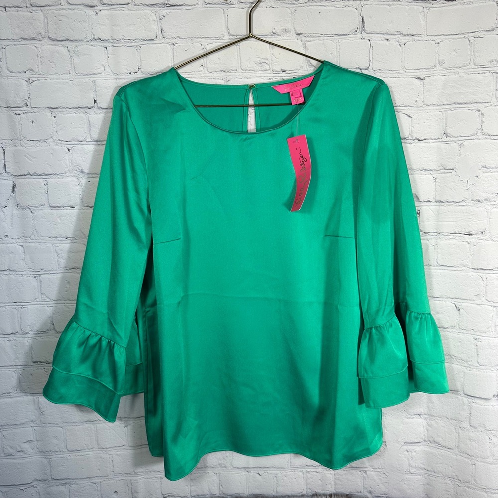 Lilly Pulitzer Christie Green Ruffle Bell Sleeve Blouse Satin Top 003153 Emerald